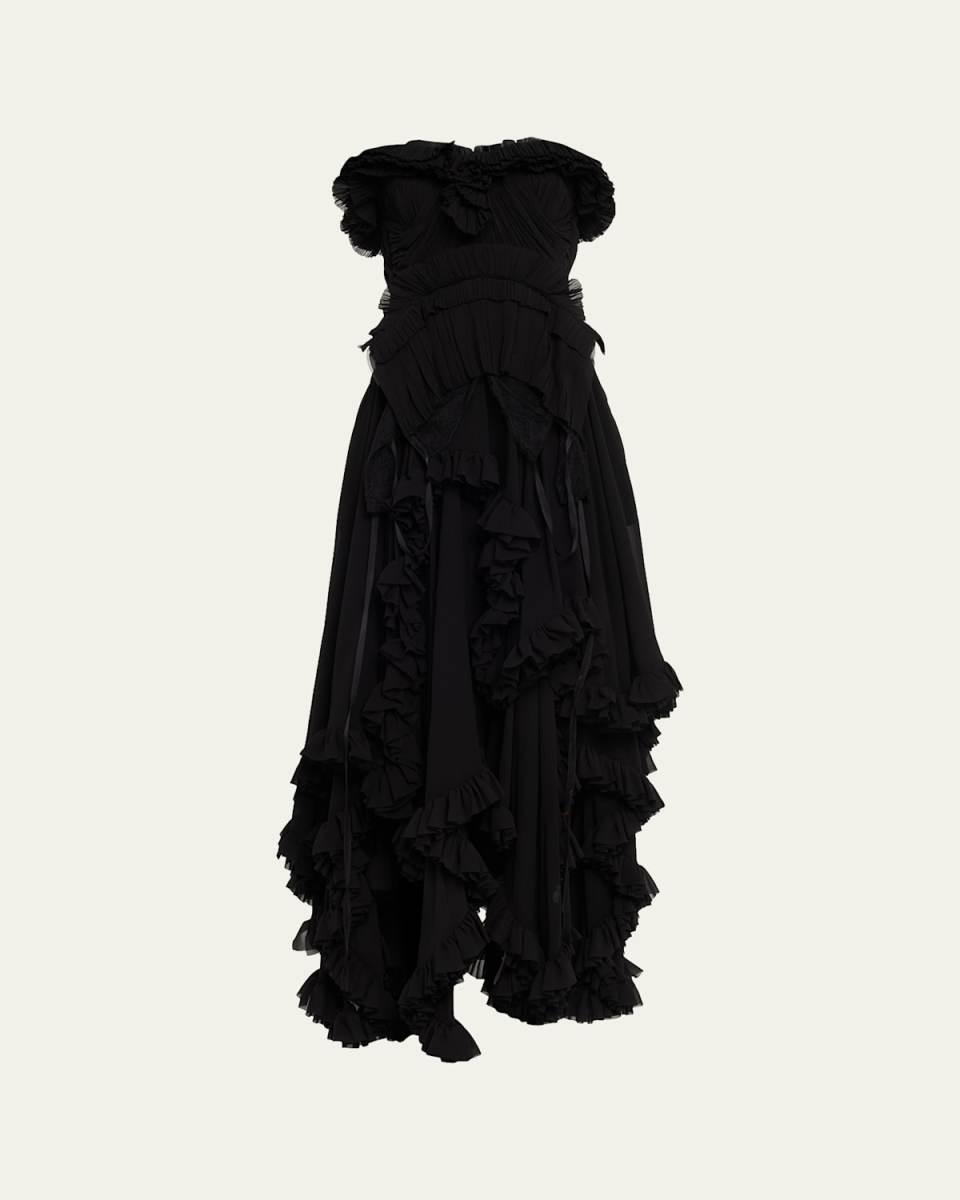 Strapless Draped Ruffle Silk Georgette Gown